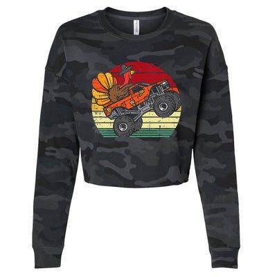 Monster Truck Turkey Sunset Retro Thanksgiving Cropped Pullover Crew