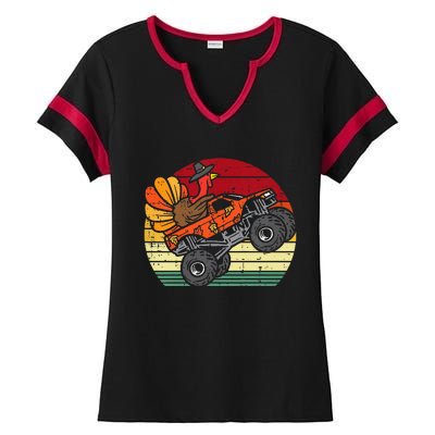 Monster Truck Turkey Sunset Retro Thanksgiving Ladies Halftime Notch Neck Tee