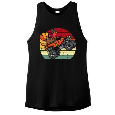 Monster Truck Turkey Sunset Retro Thanksgiving Ladies PosiCharge Tri-Blend Wicking Tank