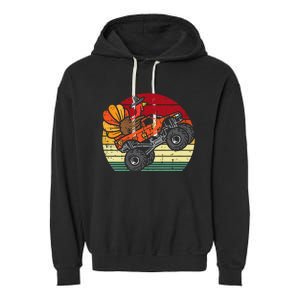 Monster Truck Turkey Sunset Retro Thanksgiving Garment-Dyed Fleece Hoodie