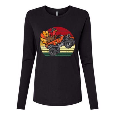 Monster Truck Turkey Sunset Retro Thanksgiving Womens Cotton Relaxed Long Sleeve T-Shirt