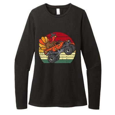 Monster Truck Turkey Sunset Retro Thanksgiving Womens CVC Long Sleeve Shirt