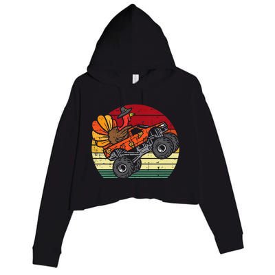 Monster Truck Turkey Sunset Retro Thanksgiving Crop Fleece Hoodie