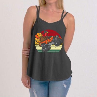 Monster Truck Turkey Sunset Retro Thanksgiving Women's Strappy Tank