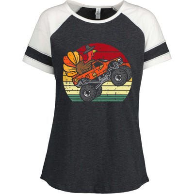 Monster Truck Turkey Sunset Retro Thanksgiving Enza Ladies Jersey Colorblock Tee