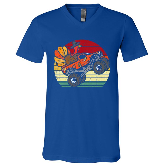 Monster Truck Turkey Sunset Retro Thanksgiving V-Neck T-Shirt