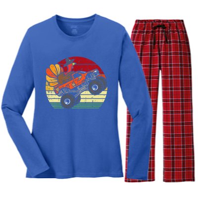 Monster Truck Turkey Sunset Retro Thanksgiving Women's Long Sleeve Flannel Pajama Set 