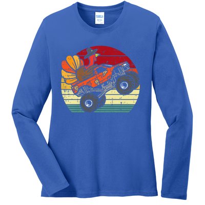 Monster Truck Turkey Sunset Retro Thanksgiving Ladies Long Sleeve Shirt