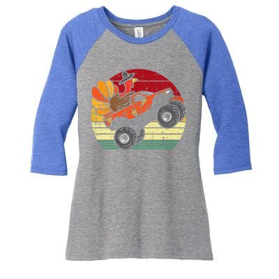 Monster Truck Turkey Sunset Retro Thanksgiving Women's Tri-Blend 3/4-Sleeve Raglan Shirt