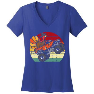 Monster Truck Turkey Sunset Retro Thanksgiving Women's V-Neck T-Shirt