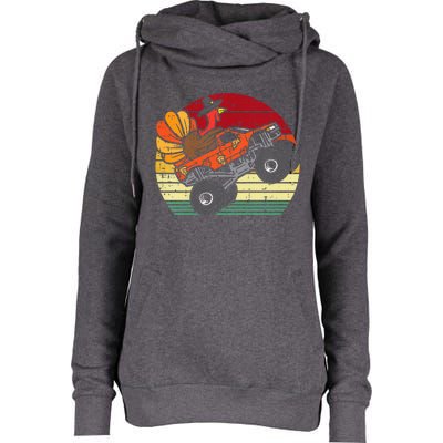 Monster Truck Turkey Sunset Retro Thanksgiving Womens Funnel Neck Pullover Hood