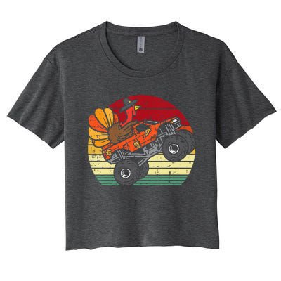 Monster Truck Turkey Sunset Retro Thanksgiving Women's Crop Top Tee