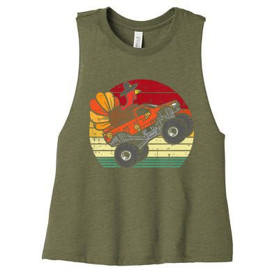 Monster Truck Turkey Sunset Retro Thanksgiving Women's Racerback Cropped Tank