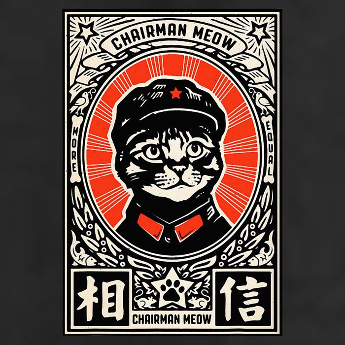 Meow Tse Tung Chinese Mao Zedong Chairman Kitten Meme Cat 7 Panel Mesh Trucker Snapback Hat