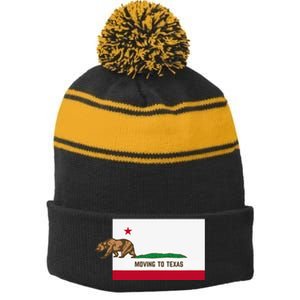 Moving To Texas Leaving California Funny Designed Stripe Pom Pom Beanie