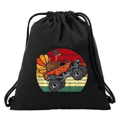 Monster Truck Turkey Sunset Retro Thanksgiving Drawstring Bag