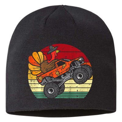 Monster Truck Turkey Sunset Retro Thanksgiving Sustainable Beanie