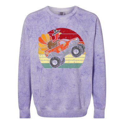 Monster Truck Turkey Sunset Retro Thanksgiving Colorblast Crewneck Sweatshirt