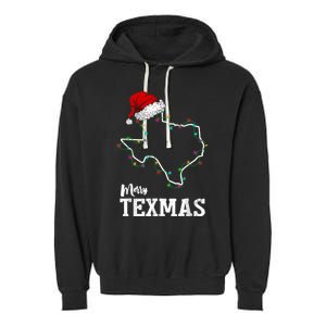 Merry Texmas Texas State Christmas Light Outline Santa Hat Garment-Dyed Fleece Hoodie