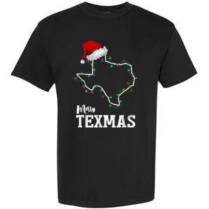 Merry Texmas Texas State Christmas Light Outline Santa Hat Garment-Dyed Heavyweight T-Shirt