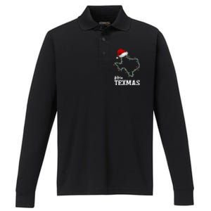 Merry Texmas Texas State Christmas Light Outline Santa Hat Performance Long Sleeve Polo