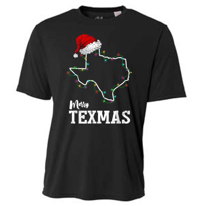 Merry Texmas Texas State Christmas Light Outline Santa Hat Cooling Performance Crew T-Shirt