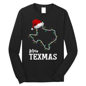 Merry Texmas Texas State Christmas Light Outline Santa Hat Long Sleeve Shirt