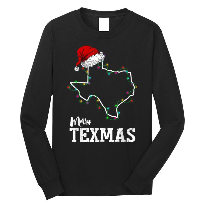 Merry Texmas Texas State Christmas Light Outline Santa Hat Long Sleeve Shirt