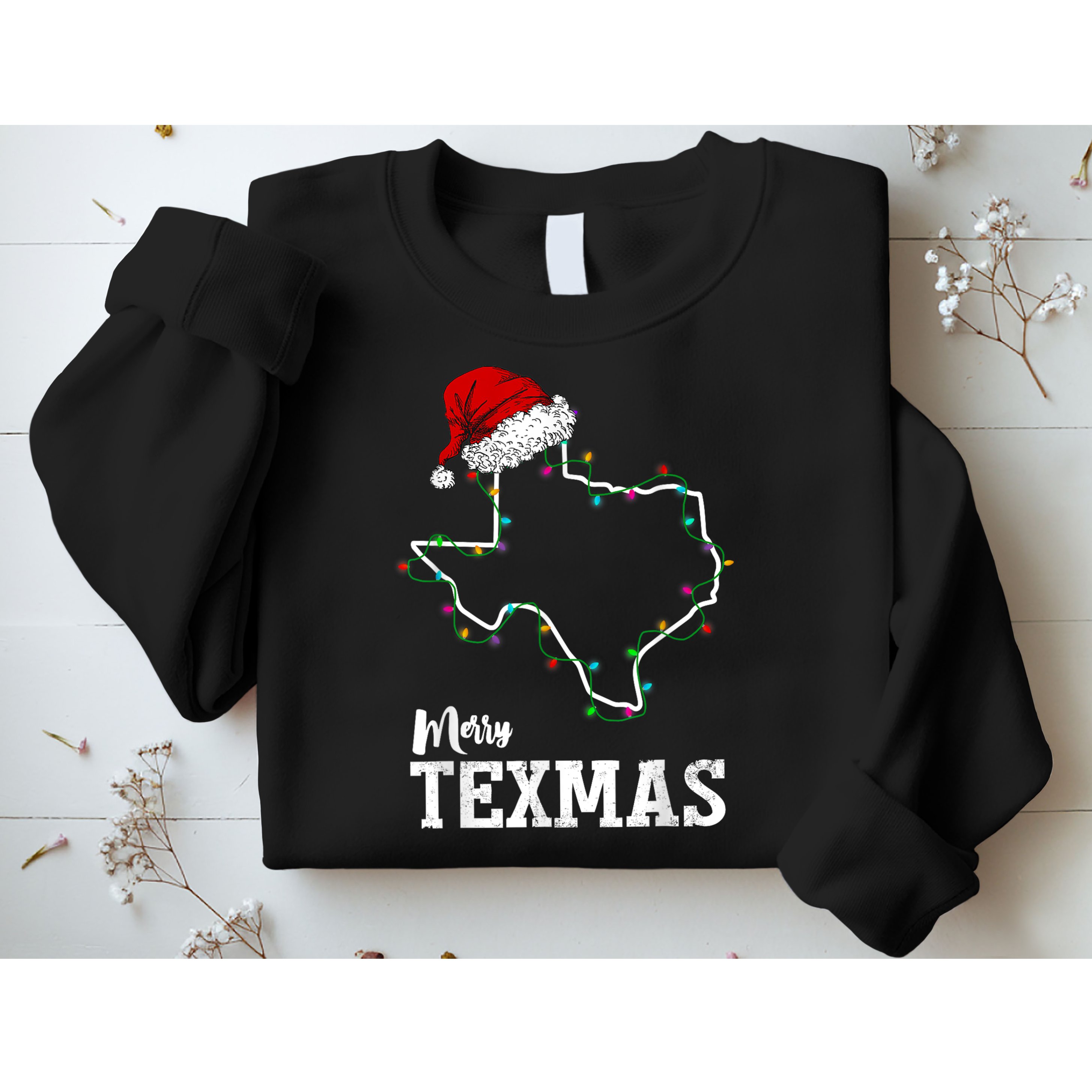 Merry Texmas Texas State Christmas Light Outline Santa Hat Sweatshirt