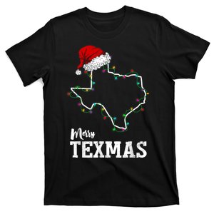 Merry Texmas Texas State Christmas Light Outline Santa Hat T-Shirt