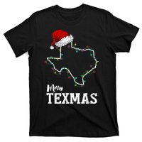 Merry Texmas Texas State Christmas Light Outline Santa Hat T-Shirt