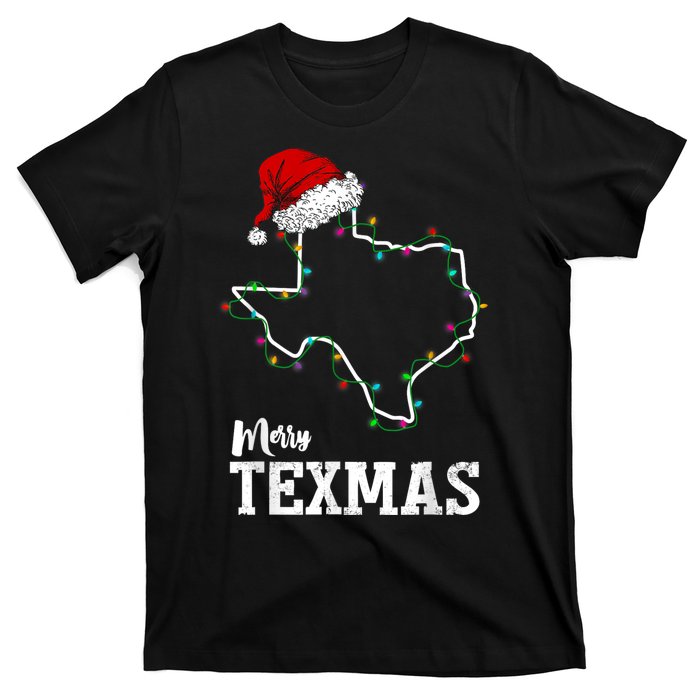 Merry Texmas Texas State Christmas Light Outline Santa Hat T-Shirt