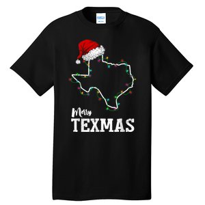 Merry Texmas Texas State Christmas Light Outline Santa Hat Tall T-Shirt