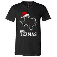 Merry Texmas Texas State Christmas Light Outline Santa Hat V-Neck T-Shirt