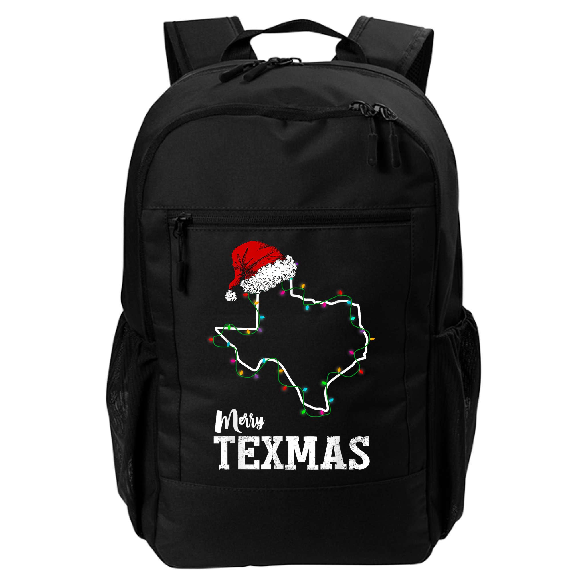Merry Texmas Texas State Christmas Light Outline Santa Hat Backpack