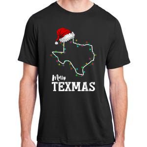 Merry Texmas Texas State Christmas Light Outline Santa Hat Adult ChromaSoft Performance T-Shirt