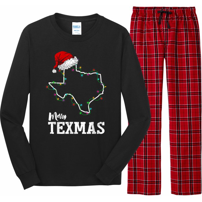 Merry Texmas Texas State Christmas Light Outline Santa Hat Long Sleeve Pajama Set