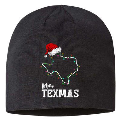 Merry Texmas Texas State Christmas Light Outline Santa Hat Sustainable Beanie