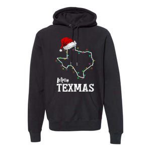 Merry Texmas Texas State Christmas Light Outline Santa Hat Premium Hoodie