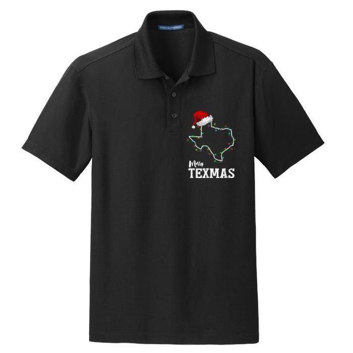 Merry Texmas Texas State Christmas Light Outline Santa Hat Dry Zone Grid Polo