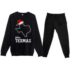 Merry Texmas Texas State Christmas Light Outline Santa Hat Premium Crewneck Sweatsuit Set