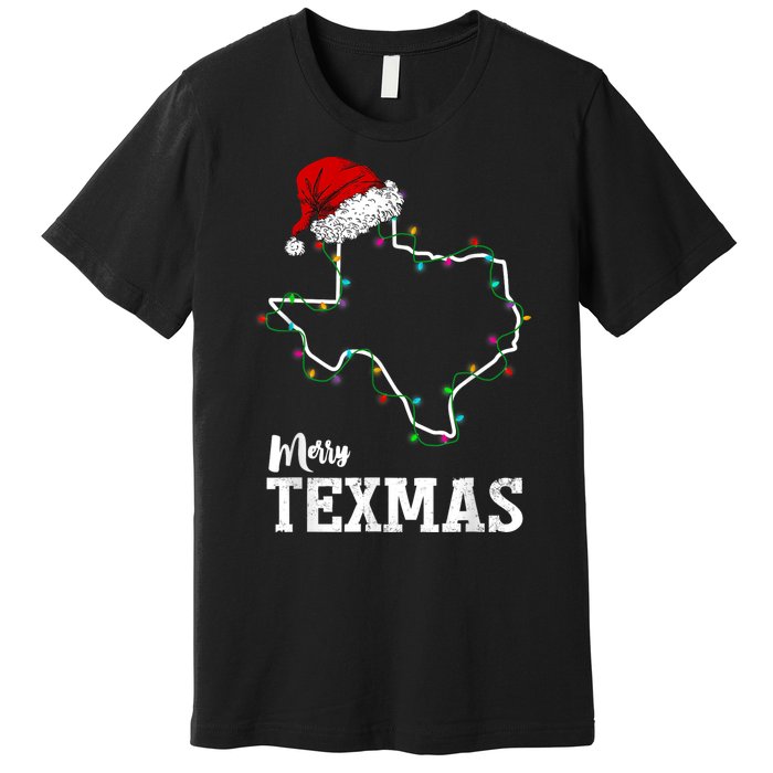 Merry Texmas Texas State Christmas Light Outline Santa Hat Premium T-Shirt