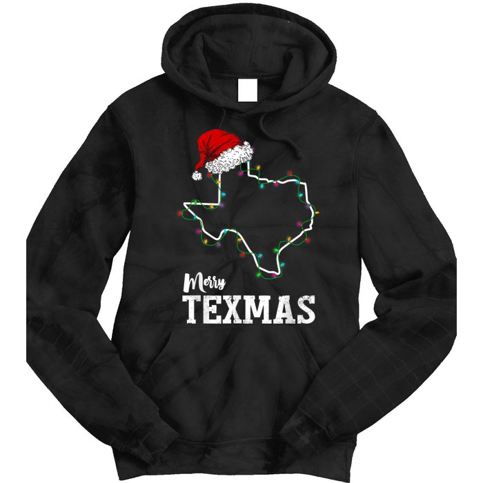 Merry Texmas Texas State Christmas Light Outline Santa Hat Tie Dye Hoodie