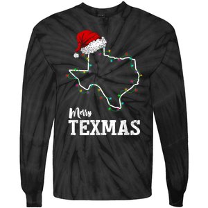 Merry Texmas Texas State Christmas Light Outline Santa Hat Tie-Dye Long Sleeve Shirt