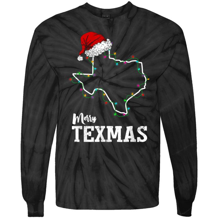 Merry Texmas Texas State Christmas Light Outline Santa Hat Tie-Dye Long Sleeve Shirt