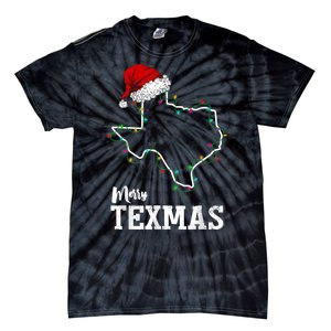 Merry Texmas Texas State Christmas Light Outline Santa Hat Tie-Dye T-Shirt