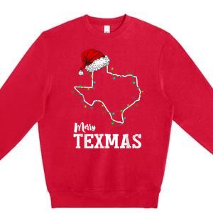 Merry Texmas Texas State Christmas Light Outline Santa Hat Premium Crewneck Sweatshirt