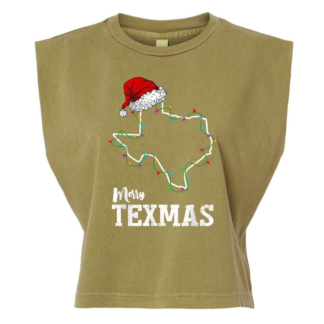 Merry Texmas Texas State Christmas Light Outline Santa Hat Garment-Dyed Women's Muscle Tee