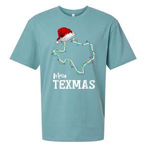 Merry Texmas Texas State Christmas Light Outline Santa Hat Sueded Cloud Jersey T-Shirt