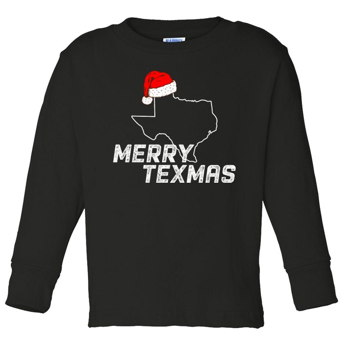 Merry Texmas Texas State Christmas Light Outline Santa Hat Toddler Long Sleeve Shirt